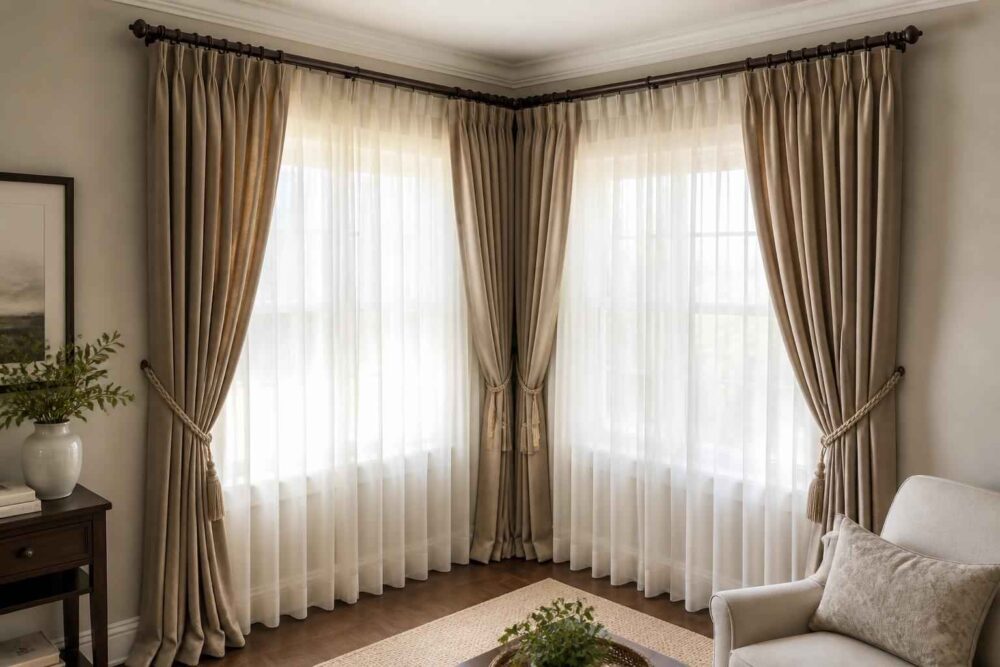 Beżowe zasłony i białe firany przy narożnych oknach w eleganckim salonie