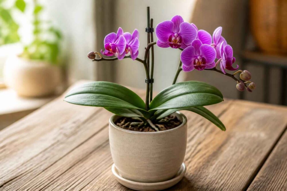 Kwitnąca fioletowa orchidea w ceramicznej doniczce na drewnianym stole