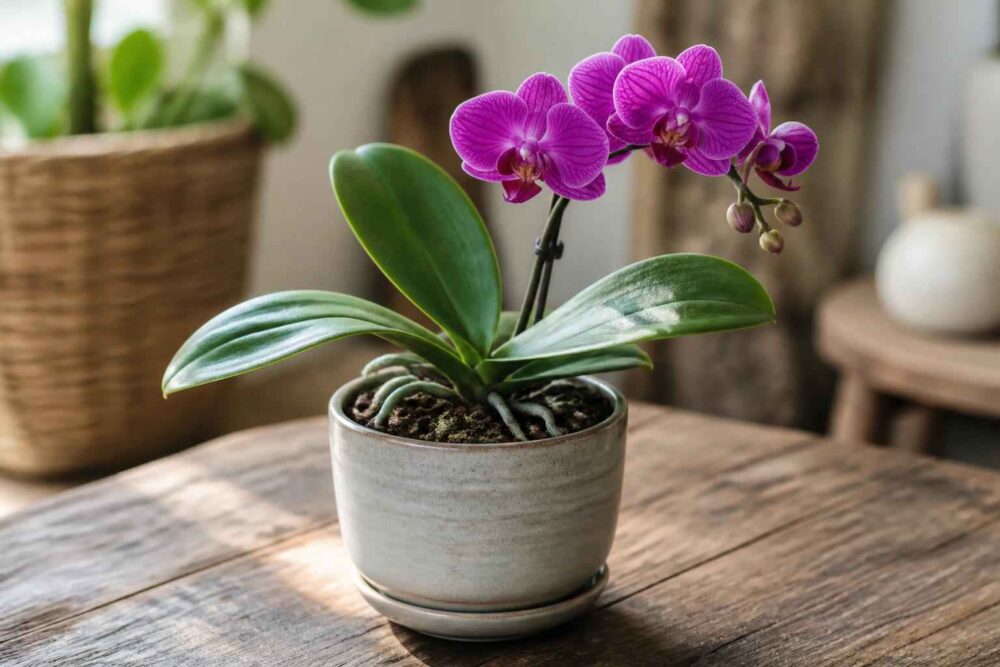 Fioletowa orchidea z szerokimi liśćmi w szarej doniczce na drewnianym stole
