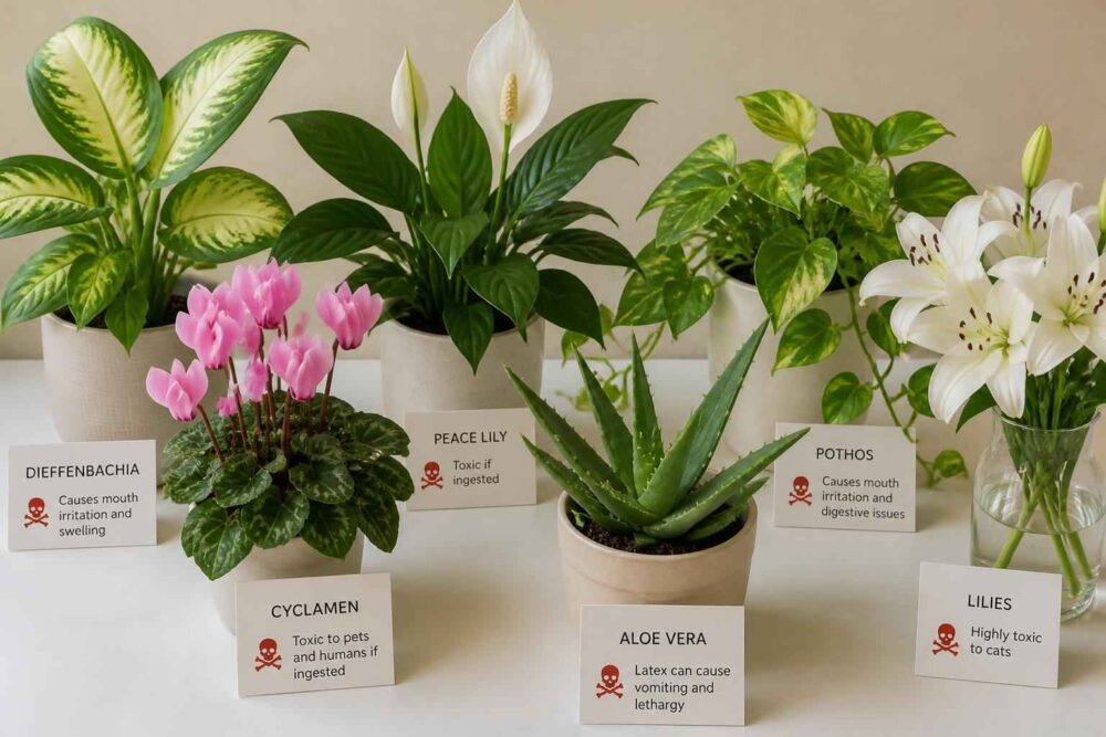 Kolekcja roślin doniczkowych z etykietami, w tym difenbachia, skrzydłokwiat, fikus, cyklamen, aloes i lilie