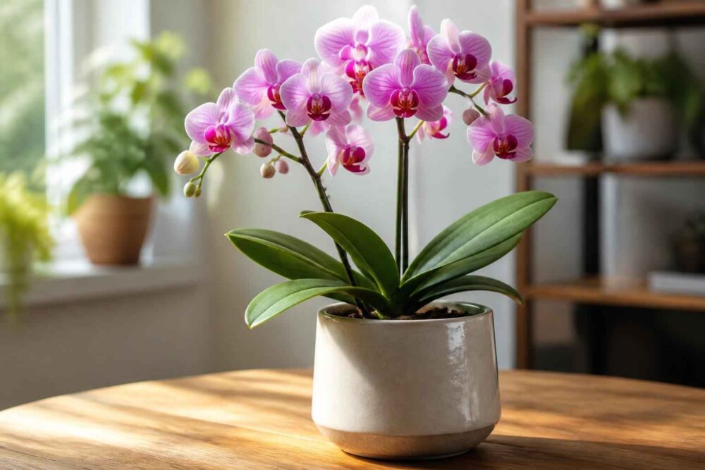 Kwitnąca różowa orchidea w białej doniczce na drewnianym stole przy oknie