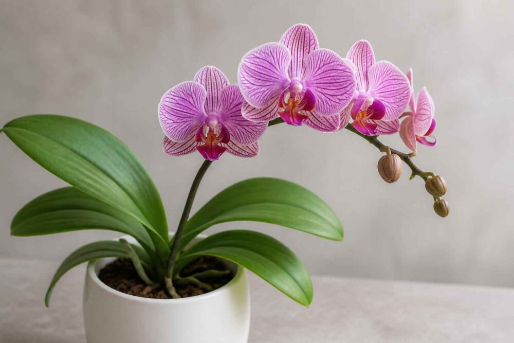 Różowy storczyk Phalaenopsis w białej doniczce na jasnym tle