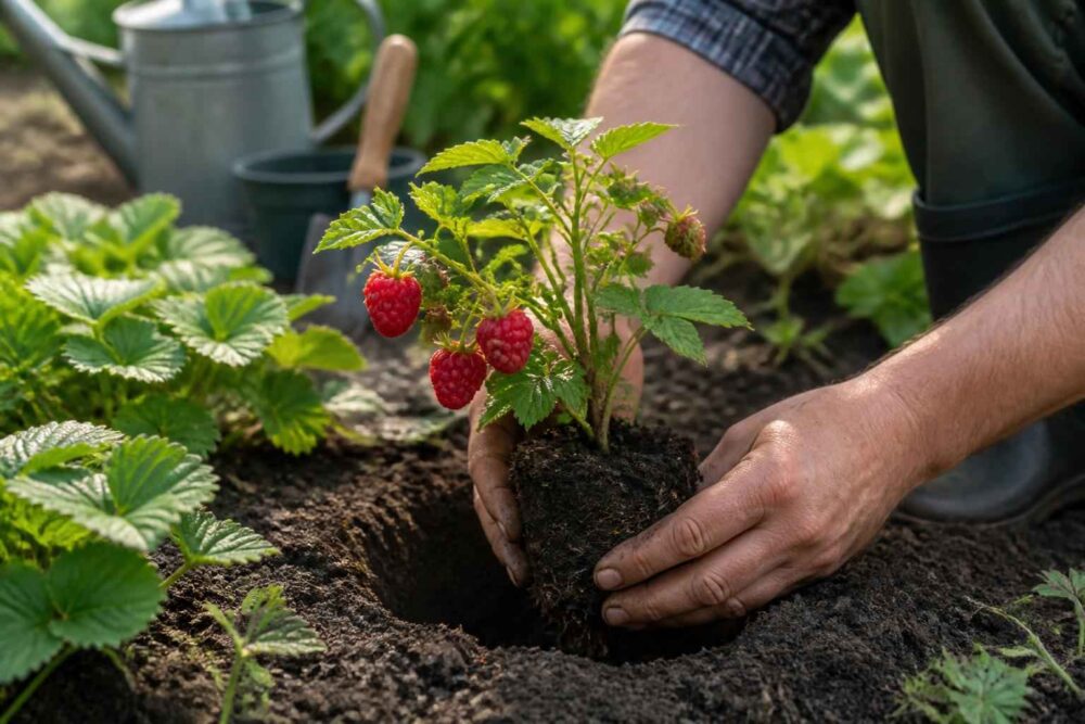 Ogrodnik sadzi owocującą sadzonkę truskawki w ziemi obok innych roślin gras.