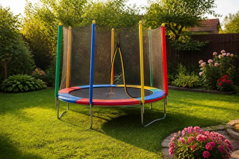 Kolorowa trampolina stojąca na trawniku w zadbanym ogrodzie z kwiatami