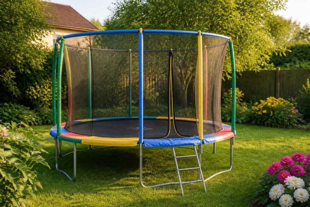 Trampolina z siatką w ogrodzie Trampolina z niebieskim obrzeżem i siatką ochronną na trawniku w ogrodzie przy domu